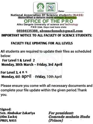 ADUSTECH Faculty of Science notice to students on file update