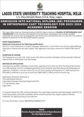 LASUTH ND Orthopedic Cast Technology admission, 2023/2024