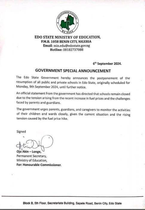 The Edo State Government postpones resumption of all public and private schools