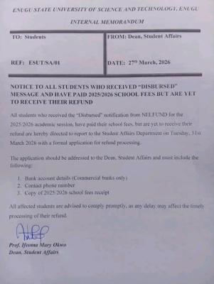ESUT Directs Students Yet to Receive NELFUND Refund to Report to Student Affairs