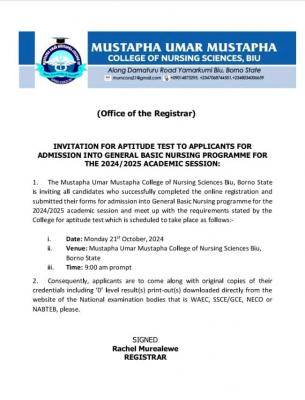 Mustapha Umar College of Nursing Sciences announces aptitude test, 2024/2025