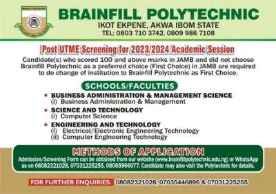 Brainfill Polytechnic, Post-UTME 2023: Cut-off mark, Eligibility and Registration Details