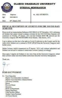 OOU postpones physical resumption until further notice
