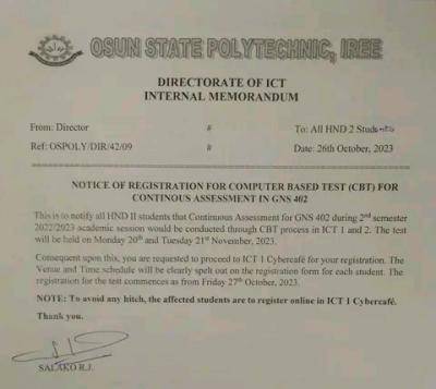 Osun State Poly notice to HND II students on registration for Continuous Assessment in GNS 402