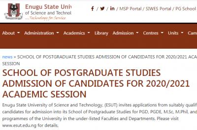 ESUT Postgraduate admission form for 2020/2021 session
