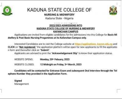 Kaduna State College of Nursing & Midwifery admission form, 2023/2024