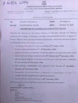 Federal College of Education Eha-Amufu announces resumption date