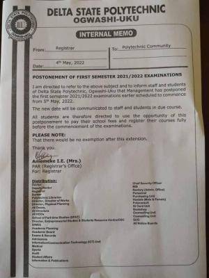 Delta State Polytechnic Ogwashiuku postpones first semester exam, 2021/2022