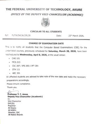 FUTA announces change in examination date, 2025/2026