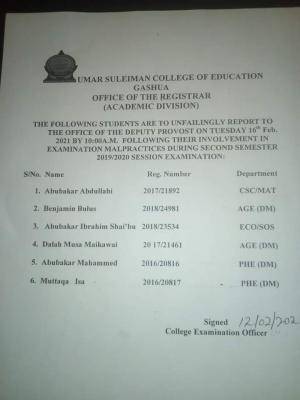 Umar Suleiman COE list of students involved in malpractice during 2nd semester exam, 2019/2020