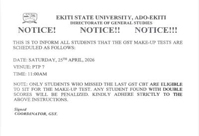 EKSU notice on GST Make-up Test, 2025/26