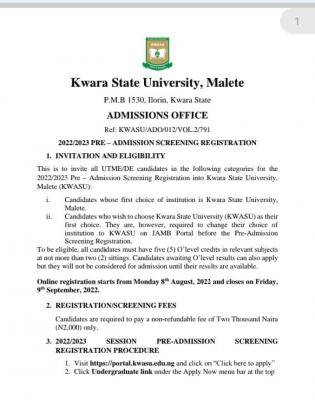 KWASU Post-UTME/DE 2022: Eligibility and Registration Details