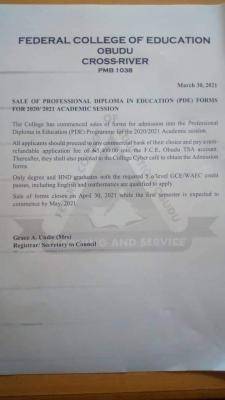 FCE, Obudu Professional Diploma in Education admission form, 2020/2021