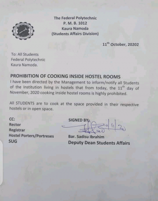 FEDPONAM prohibits students from cooking inside hostel rooms
