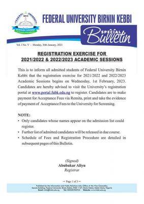 FUBK notice on registration exercise for 2021/2022 & 2022/2023 sessions
