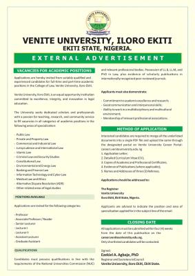 Venite University College of Law announces academic job vacancies