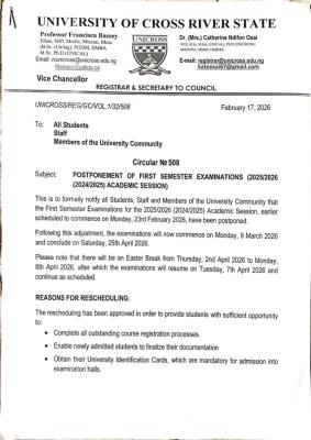 UNICROSS postpones 1st semester examinations, 2025/2026 academic session