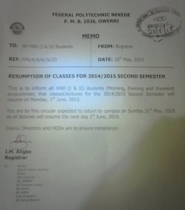 Fed Poly Nekede,  2nd Semester Resumption Date 2014/2015 for HND Students Announced