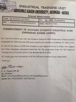 AAUA SIWES commencement date, 2019/2020 session
