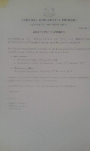 FUWukari Resumption Date For 2017/2018 Academic Session