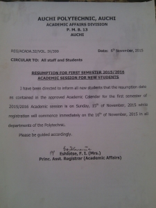 Auchi Poly Resumption Date 2015/2016 Released