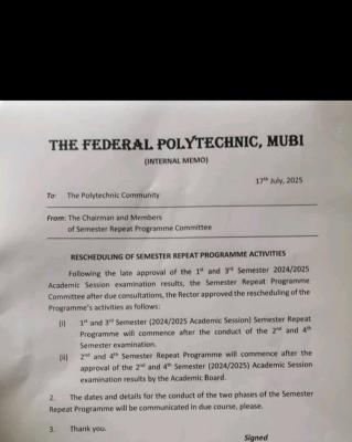 Fed Poly Mubi reschedules semester programme activities