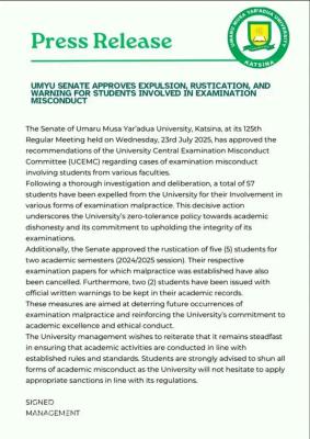 UMYUK Senate approves expulsion, rustication & warning for students involved in exam misconduct