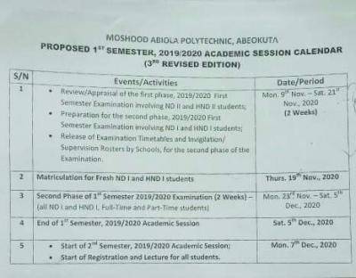 MAPOLY 3rd revised first semester 2019/2020 academic calendar