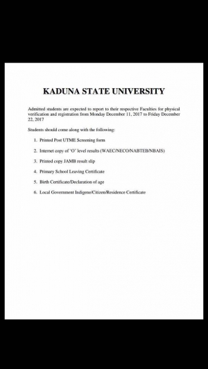 KASU Admission List 2017/2018 Released