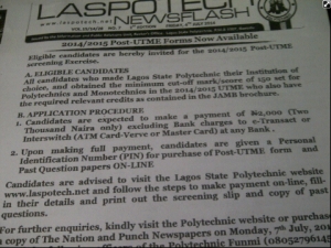 LASPOTECH Post-UTME 2014/2014: Cut-Off, Forms, Procedures, Now Available