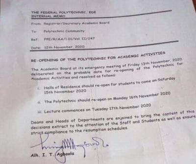 Federal Polytechnic Ede announces resumption of academic activities