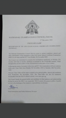 NECO announces the resumption of earlier suspended 2020 SSCE