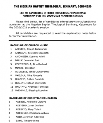 Nigerian Baptist Theological Seminary, admission list, 2020/2021