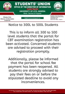 UNIUYO SUG notice to 300-500L students on CBT exam registration