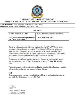 TASU notice to new students on upload of signatures for ID Card production