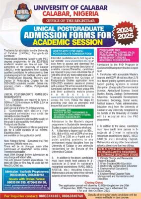 UNICAL releases Postgraduate Admission form, 2024/2025