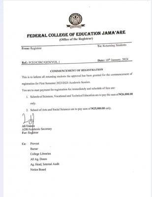 Fed College of Education, Jama'are notice on commencement of registration