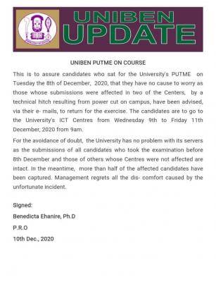 UNIBEN notice to candidates regarding the technical hitch in the ongoing 2020 screening