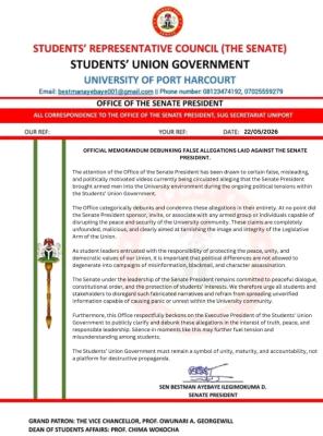 UNIPORT SUG Senate debunks false allegations against the President