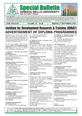 ABU Zaria Institute for Development Research & Training Diploma form, 2024/2025