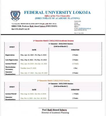 FULOKOJA 100L Batch C second semester academic calendar, 2022/2023 session