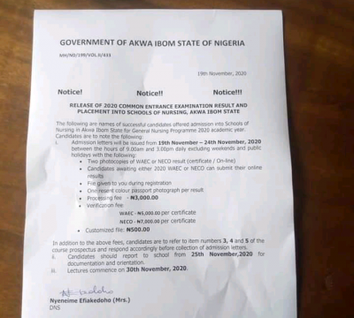 School of Nursing, Akwa IbomState notice to 2020 admitted candidates