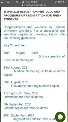 FUOYE resumption protocol and registration procedure for new students, 2020/2021