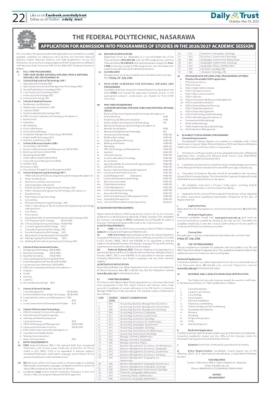 Federal Polytechnic, Nasarawa ND/HND Part-time Admission form, 2026/2027