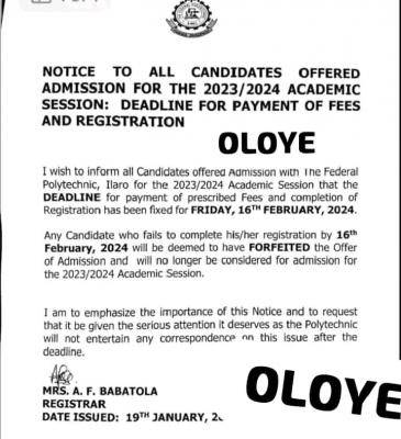 Fed Poly Ilaro notice to admitted candidates on deadline for payment of fees & registration, 2023/2024