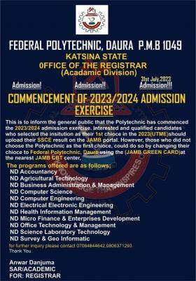 Federal Polytechnic, Daura ND admission, 2023/2024 session