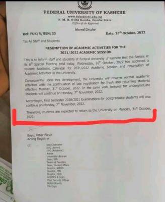 FUKashere announces resumption of academic activities