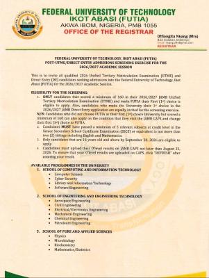 FUTIA Post-UTME/DE 2026: Cut-off mark, Eligibility and Registration Details