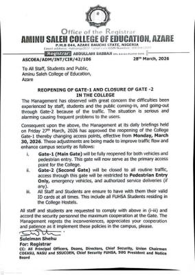 ASCOEA notice on reopening of campus Gate 1 and closing of Gate 2