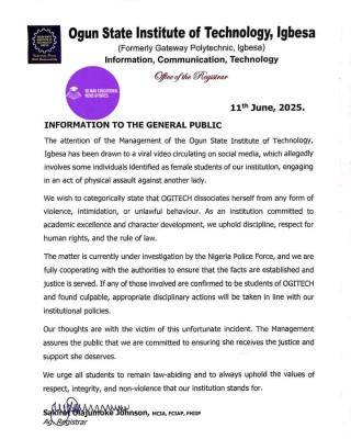 OGITECH notice to the public on alleged assault perpetrated by one of its students